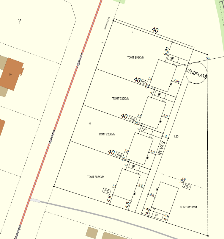Byarum – situationsplan med fem tomter (611–955 m²) längs ny väg