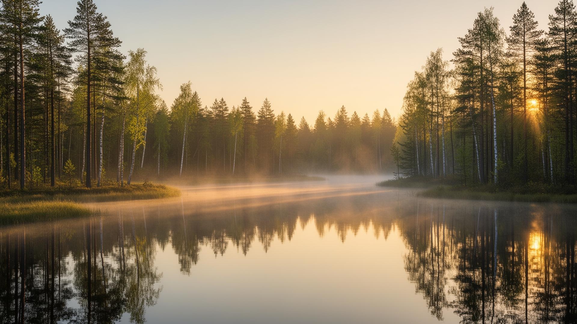 Stilla skogssjö i Småland vid soluppgång